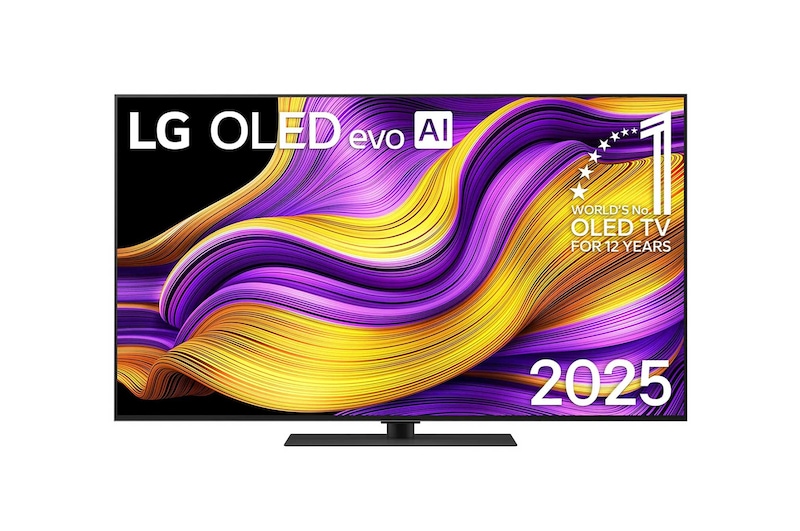 Front view of LG OLED evo AI G5 4K Smart TV. 12 Years of world number 1 OLED emblem and LG OLED evo AI 2025 logo are on the screen.