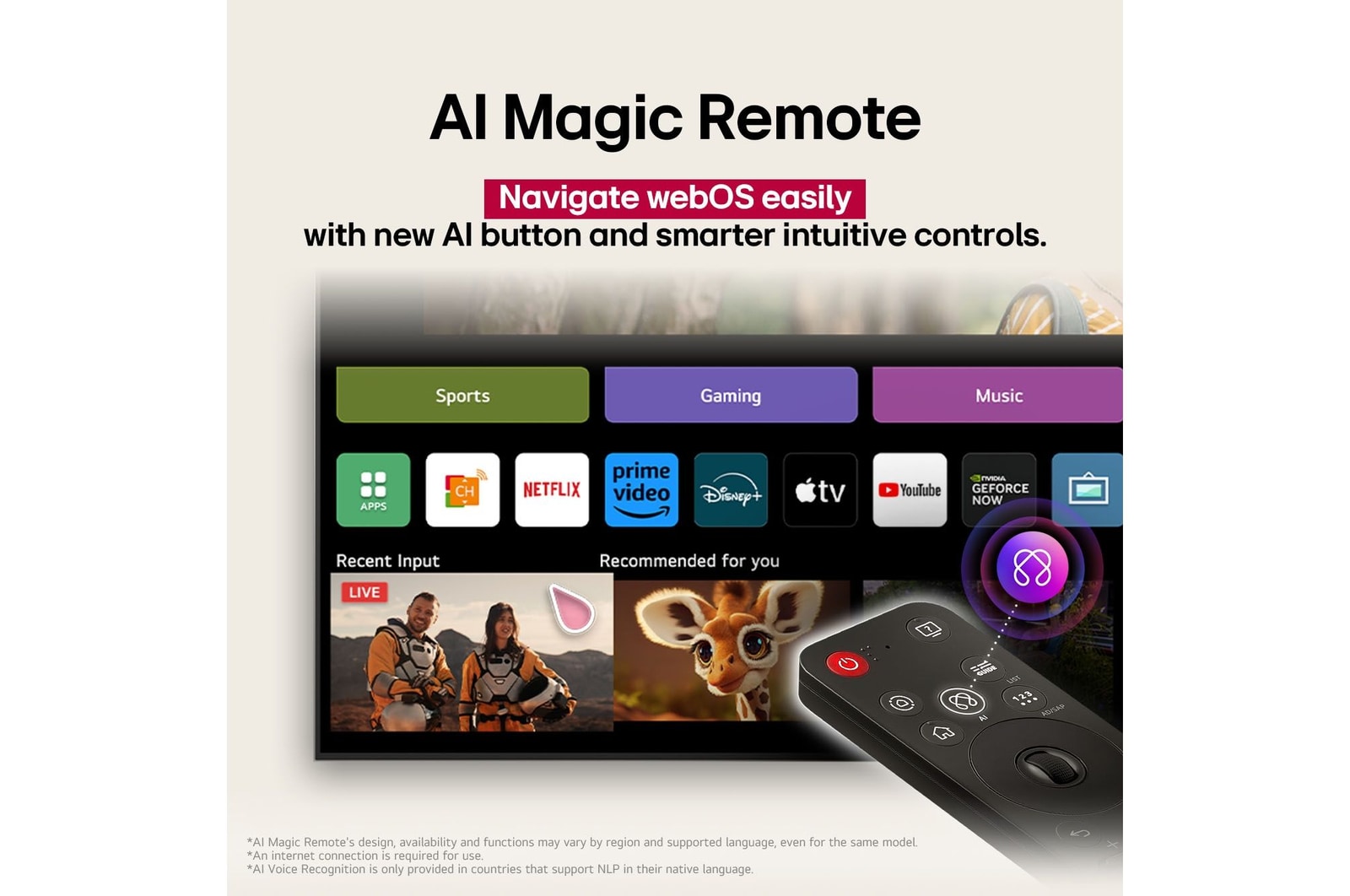 LG AI Magic Remote in the foreground. The AI button icon is highlighted. In the background is the LG webOS UI. The mouse cursor implies that the remote is in use. Text explains how the remote's functions and controls make navigating webOS easy. 