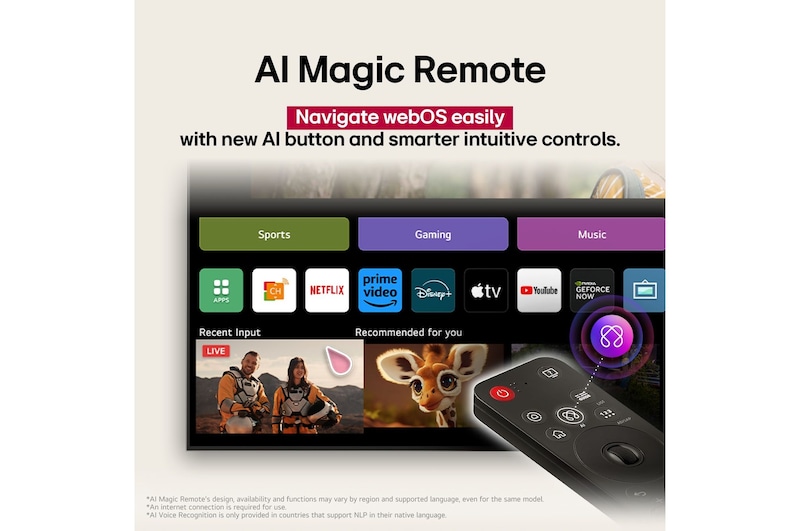 LG AI Magic Remote in the foreground. The AI button icon is highlighted. In the background is the LG webOS UI. The mouse cursor implies that the remote is in use. Text explains how the remote's functions and controls make navigating webOS easy. 