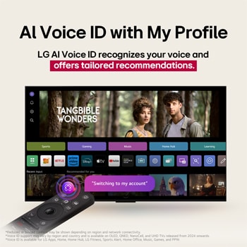 On an LG OLED TV screen is the webOS 25 home page filled with apps and entertainment content. By the TV is the LG AI Magic Remote, the AI button is highlighted as if activated by the user's voice. A speech bubble is beside it, switching to my account. The short text explains how users can now synchronize their voice to their personal profile for easier navigation and personalized recommendations.