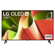 Frontansicht des LG OLED TV B4, 11 Jahre Nummer 1 Logo und webOS Re:New Programm-Logo auf dem Bildschirm mit 2-poligem Standfuss