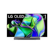 Vue avant du LG OLED evo avec l’emblème « 10 Years World No.1 OLED » à l’écran, et de la barre de son située en dessous. 