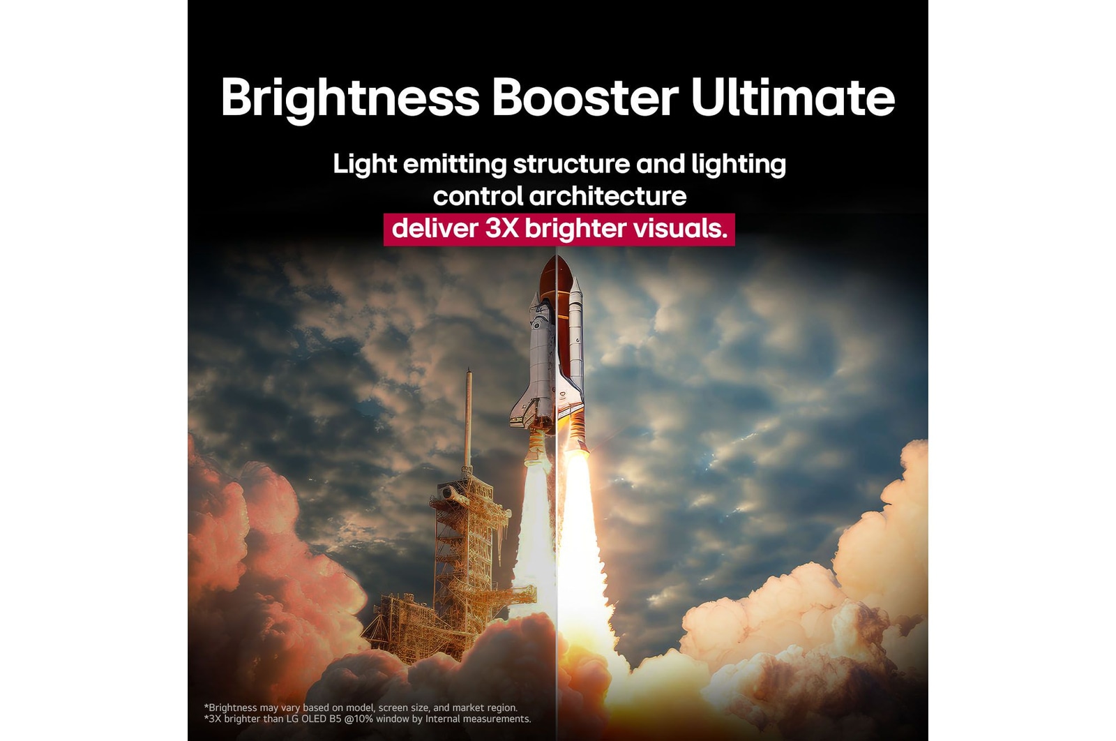 A space shuttle launching from the ground. The scene is split in the middle with one half slightly darker and duller. The other half shows how the rocket blast is remarkably bright, demonstrating how bright visuals can be on an LG OLED TV screen with the light emitting structure and lighting control architecture of Brightness Booster Max.