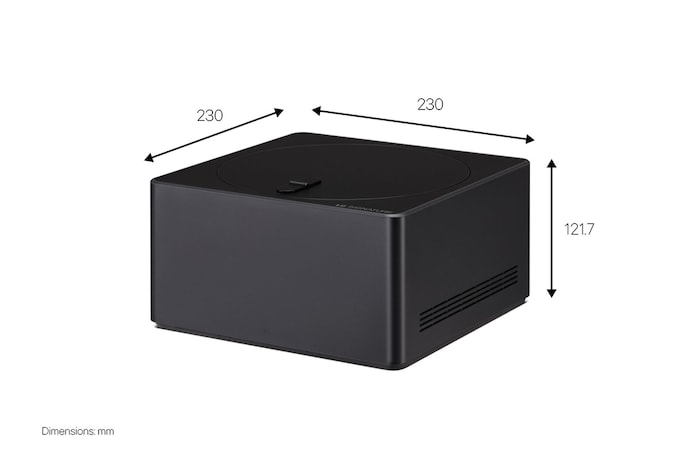 Vue latérale d’une LG SIGNATURE OLED T avec le boîtier Zero Connect placé sur le sol juste en dessous.