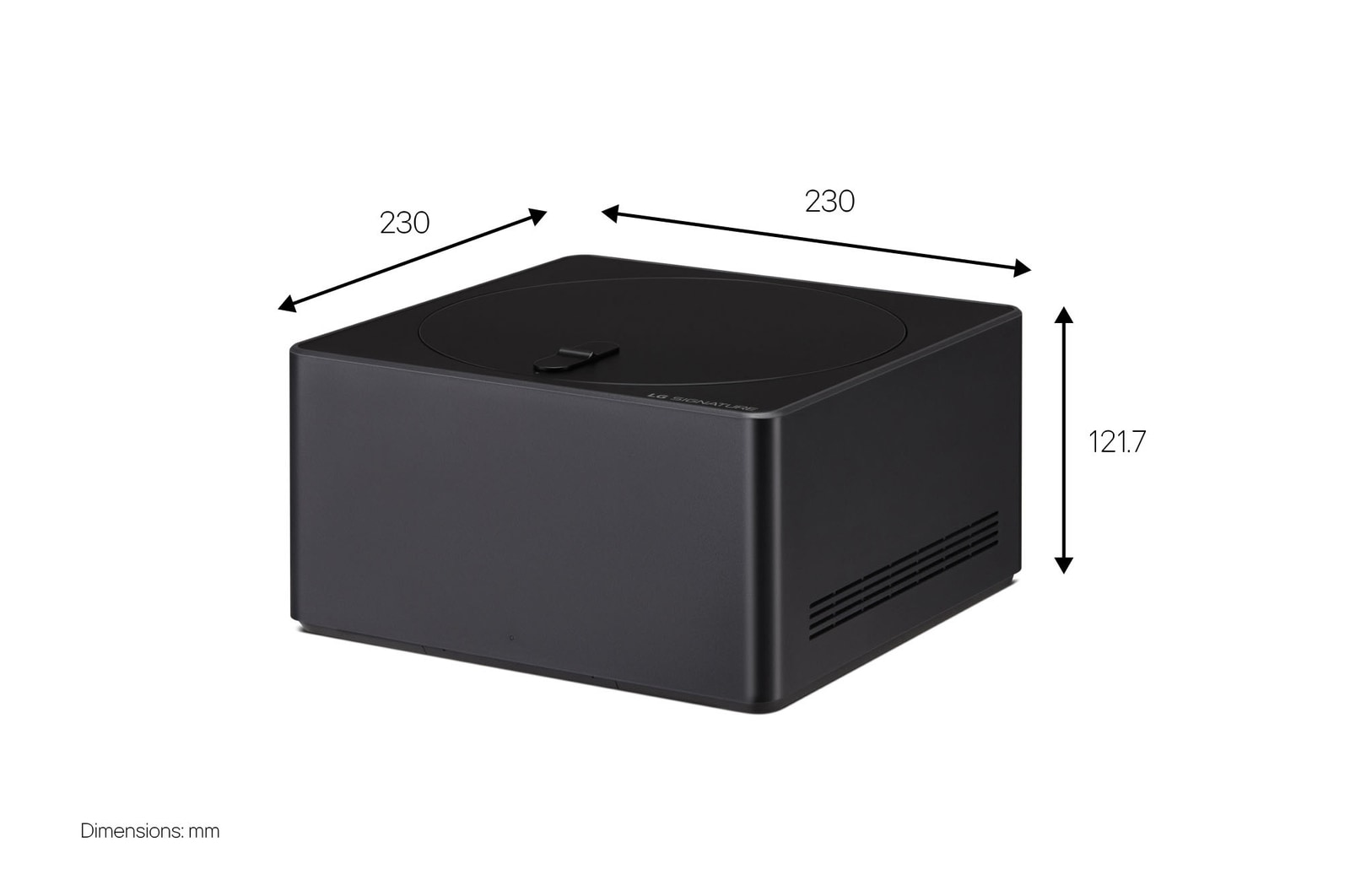 Vue latérale d’une LG SIGNATURE OLED T avec le boîtier Zero Connect placé sur le sol juste en dessous. 