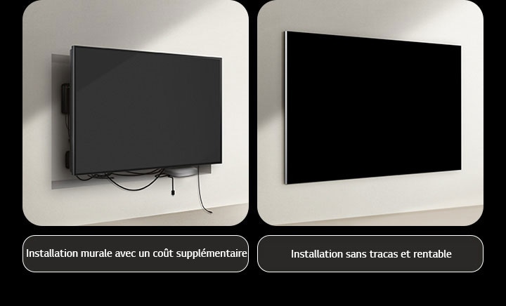 Comparaison côte à côte d’une TV filaire et d’une TV LG True Wireless en matière d’installation. Du côté de la TV filaire, des travaux supplémentaires semblaient être nécessaires pour essayer de cacher tous les autres appareils derrière la TV. La configuration désordonnée et les câbles peuvent toujours être vus à travers les espaces. L’étiquette dit installation murale avec un coût supplémentaire. Du côté de la True Wireless de LG, la TV est fixée au mur proprement. Aucun câble ou appareil n’est visible. Lectures d’étiquettes, installation sans tracas et sans frais. 