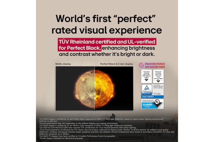 LG OLED TV montrant une comparaison visuelle entre un écran avec Couleur et Noir parfaits et un écran sans. Les certifications UL, TÜV et eyesafe sont visibles, avec un texte invitant à vérifier les marques.
