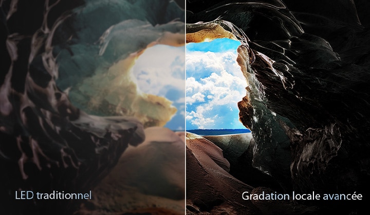 Vue de l’intérieur d’une grotte avec une vue vers son entrée donnant sur un ciel bleu et l’horizon. L’ensemble de la scène est divisé en deux pour montrer la capacité de la gradation locale avancée de la QNED. D’un côté, les couleurs et les détails sont délavés et les visuels semblent troubles. L’étiquette indique : « LED traditionnel ». L’autre côté offre des noirs exceptionnels, un contraste, une luminosité et des couleurs améliorés. L’étiquette indique Gradation locale avancée. 