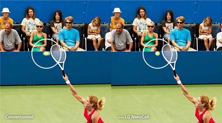 Eine Frau spielt Tennis. Die Szene wird wiederholt, links wird sie auf einem herkömmlichen Fernseher mit unscharfen Bewegungen angezeigt, rechts ist sie auf dem LG NanoCell TV mit scharfen, klaren Bildern zu sehen.