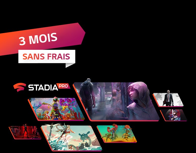 On peut voir les images de plusieurs jeux qui peuvent être joués dans Stadia sur un fond sombre avec des particules d’étincelles rouges.