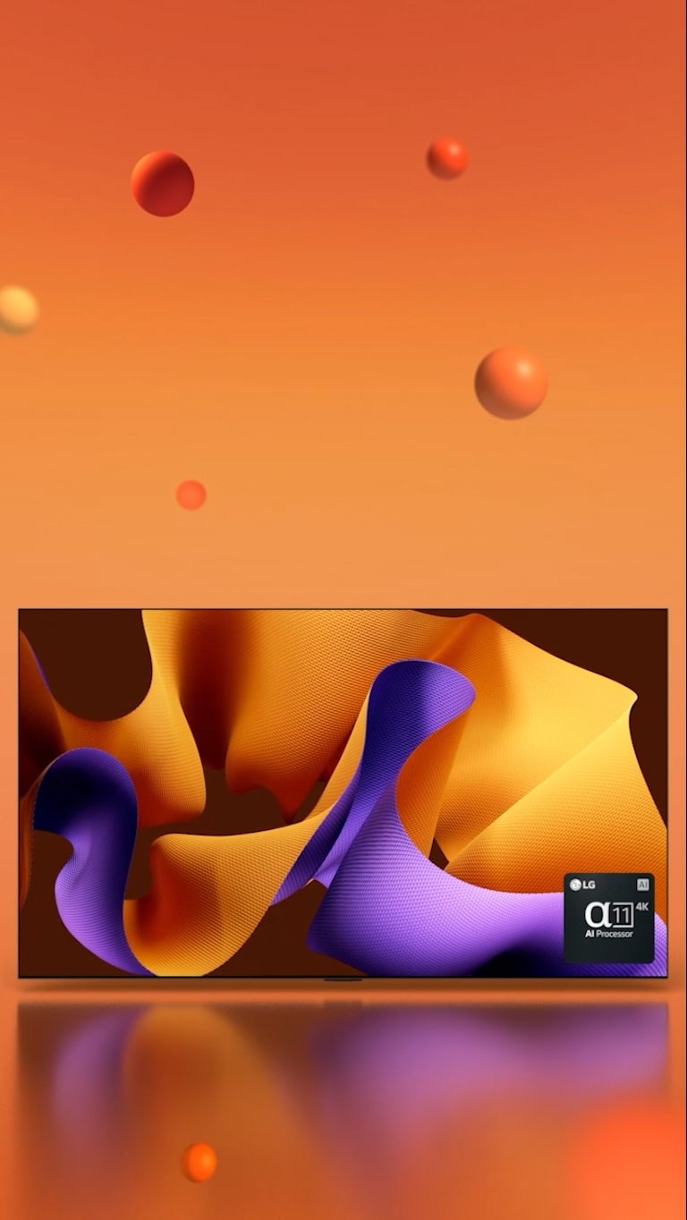 LG OLED G4 orienté à 45 degrés vers la droite avec une illustration abstraite violette et orange à l’écran sur un fond orange avec des sphères 3D, puis la TV OLED pivote pour se tourner vers l’avant. En bas à droite se trouve un logo du processeur IA LG alpha 11.