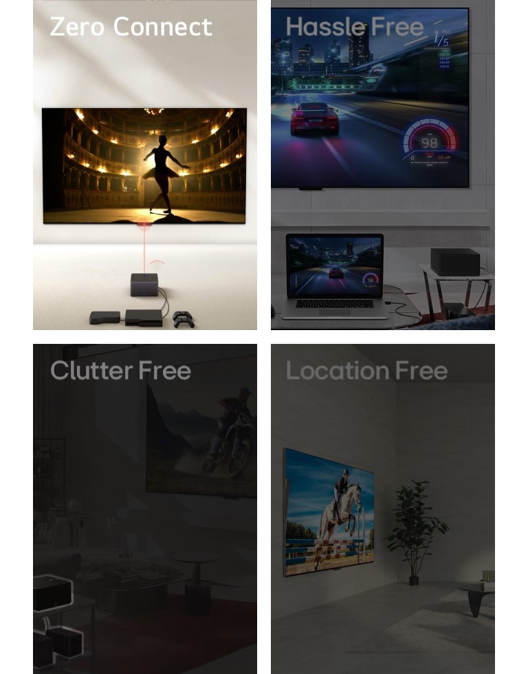 Quatre images sont affichées. La première image montre une Zero Connect Box placée devant la LG OLED evo M4 représentant une danseuse dans un théâtre à l’écran et les mots « Zero Connect » en haut à gauche. La deuxième image montre un jeu de courses de voitures représenté sur les deux LG OLED evo M4 suspendues au mur et un ordinateur portable dans un salon, avec une Zero Connect Box sur le côté et les mots « Sans échos parasites » en haut à gauche. La troisième image montre une Zero Connect Box avec plusieurs appareils en dessous mis en valeur sur une image assombrie d’un salon et le mot « Convivial » en haut à gauche. La quatrième image montre une LG OLED evo M4 selon une perspective oblique, posée sur un support dans un espace de vie et le mot « Nomade » en haut à gauche.