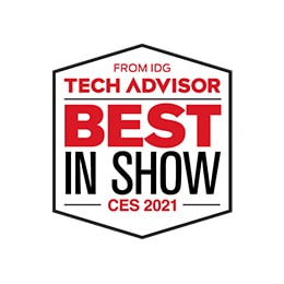 Logos de prix présentant le modèle LG QNED96 comme lauréat du prix Tech Advisor Best au CES 2021 au milieu.