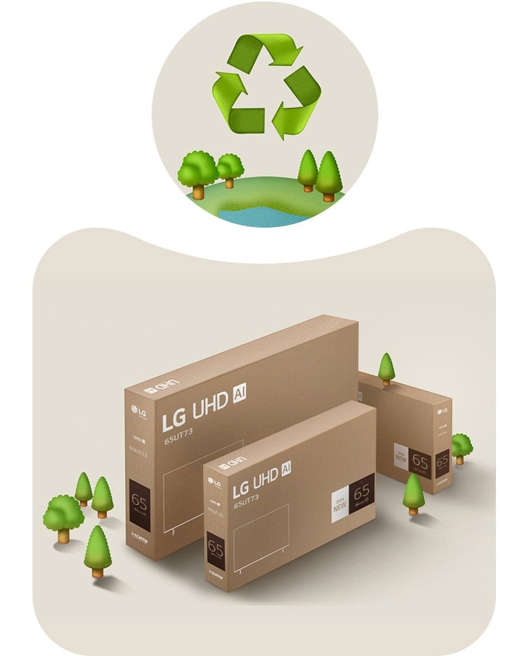 Un emballage LG UHD sur un fond beige avec des dessins d’arbres.