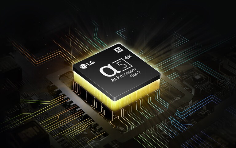  Le processeur alpha 5 AI 4K Gen7 de LG avec une lumière jaune émanant d’en-dessous et des lignes colorées de la carte du circuit bifurquant sur le processeur AI.