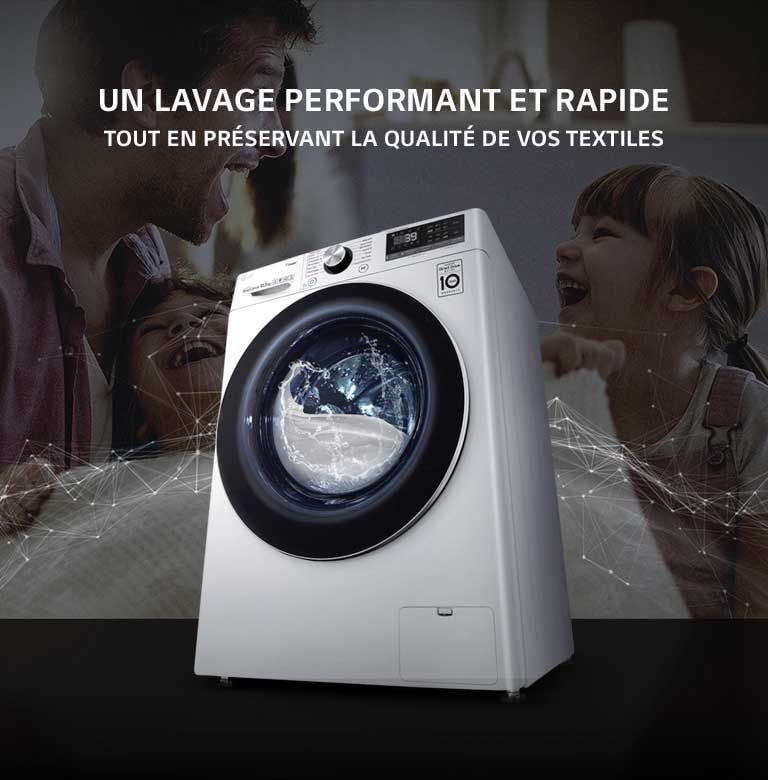 Lave-linge de profile avec un homme et ses filles en fond