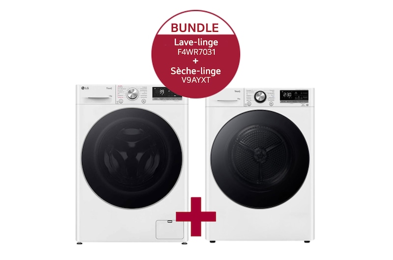 Vue avant de Lave-linge (13 kg, 1 400 tr/min, efficacité énergétique A) avec hublot argenté | F4WR7031 & Sèche-linge avec technologie de pompe à chaleur Dual Inverter V9AYXT F4WR7031.V9AYCH