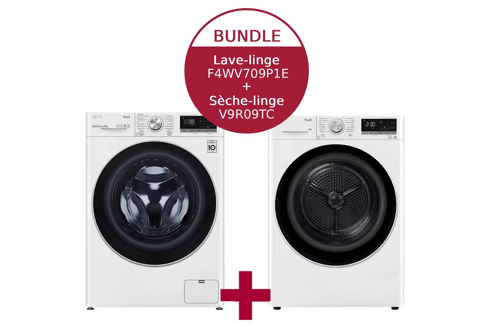 Vue avant de Lave-linge | 9 kg | Classe d'efficacité énergétique A | AI DD® | Steam | TurboWash® 360 + Sèche-linge avec technologie de pompe à chaleur Dual Inverter & porte vitrée de sécurité | Condenseur autonettoyant automatique | Capacité de 9 kg F4WV709P1E.V9R09CH