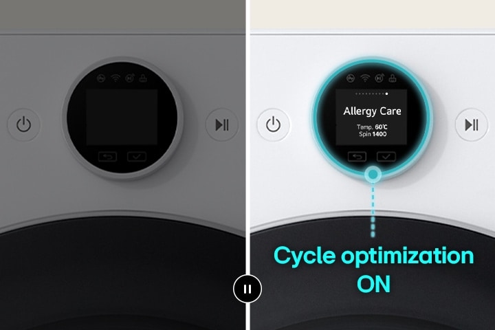Une fois la fonctionnalité d’optimisation de Cycle désactivée, l’alimentation est activée et la lessive fonctionne en passant d’un programme à l’autre. Après s’être arrêté sur l’écran Allergy Care, l’optimisation de Cycle est activée et une option est automatiquement définie sur le programme Allergy Care.