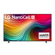 Front view of LG NanoCell TV, NANO80 with text of LG NanoCell, 2024, and webOS Re:New Program logo on screen