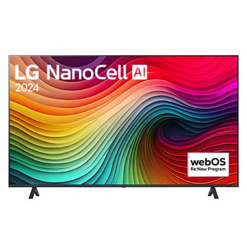 Front view of LG NanoCell TV, NANO80 with text of LG NanoCell, 2024, and webOS Re:New Program logo on screen