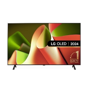 Front view with LG OLED TV, OLED B4, 11 Years of world number 1 OLED Emblem and webOS Re:New Program logo on screen with 2-pole stand