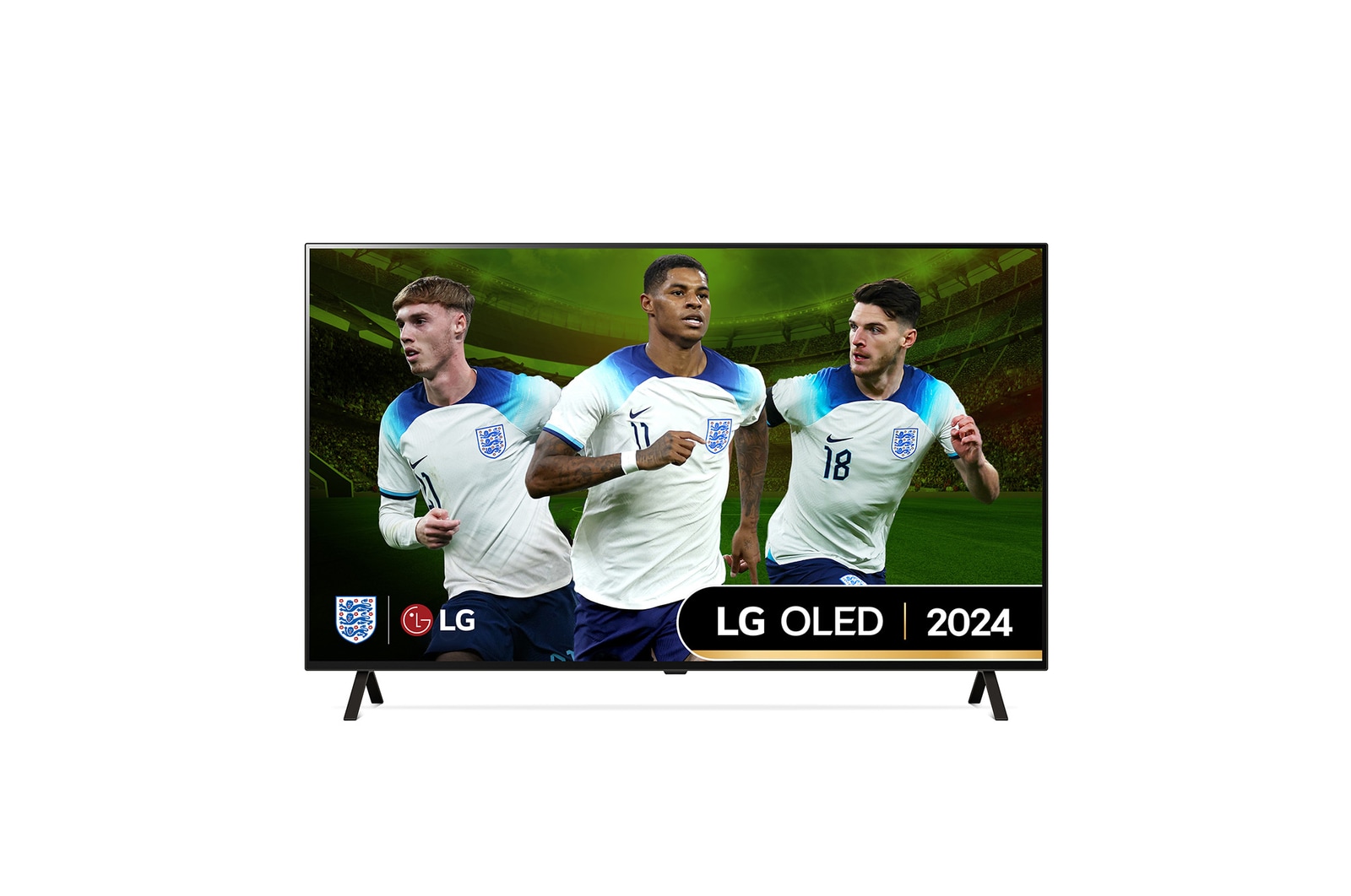 Front view with LG OLED TV, OLED B4, 11 Years of world number 1 OLED Emblem and webOS Re:New Program logo on screen with 2-pole stand