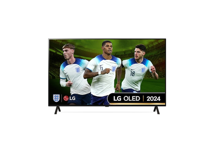 Front view with LG OLED TV, OLED B4, 11 Years of world number 1 OLED Emblem and webOS Re:New Program logo on screen with 2-pole stand