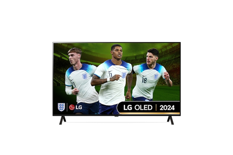 Front view with LG OLED TV, OLED B4, 11 Years of world number 1 OLED Emblem and webOS Re:New Program logo on screen with 2-pole stand