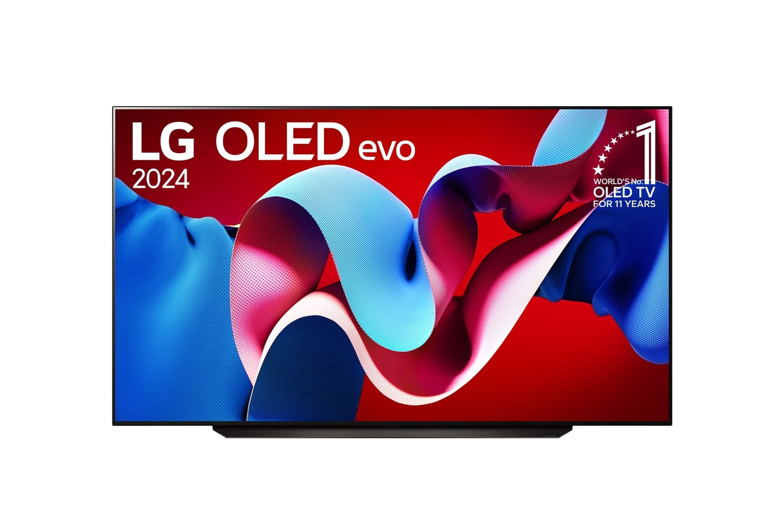 Front view with LG OLED evo TV, OLED C4, 11 Years of world number 1 OLED Emblem and webOS Re:New Program logo on screen