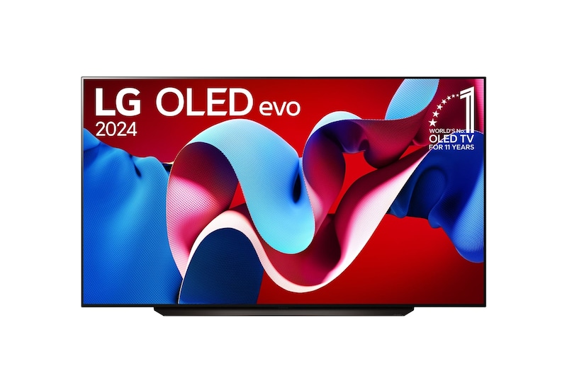 Front view with LG OLED evo TV, OLED C4, 11 Years of world number 1 OLED Emblem and webOS Re:New Program logo on screen
