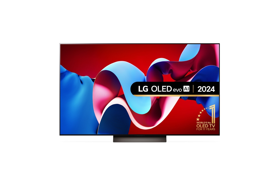 Front view with LG OLED evo TV, OLED C4, 11 Years of world number 1 OLED Emblem logo and webOS Re:New Program logo on screen