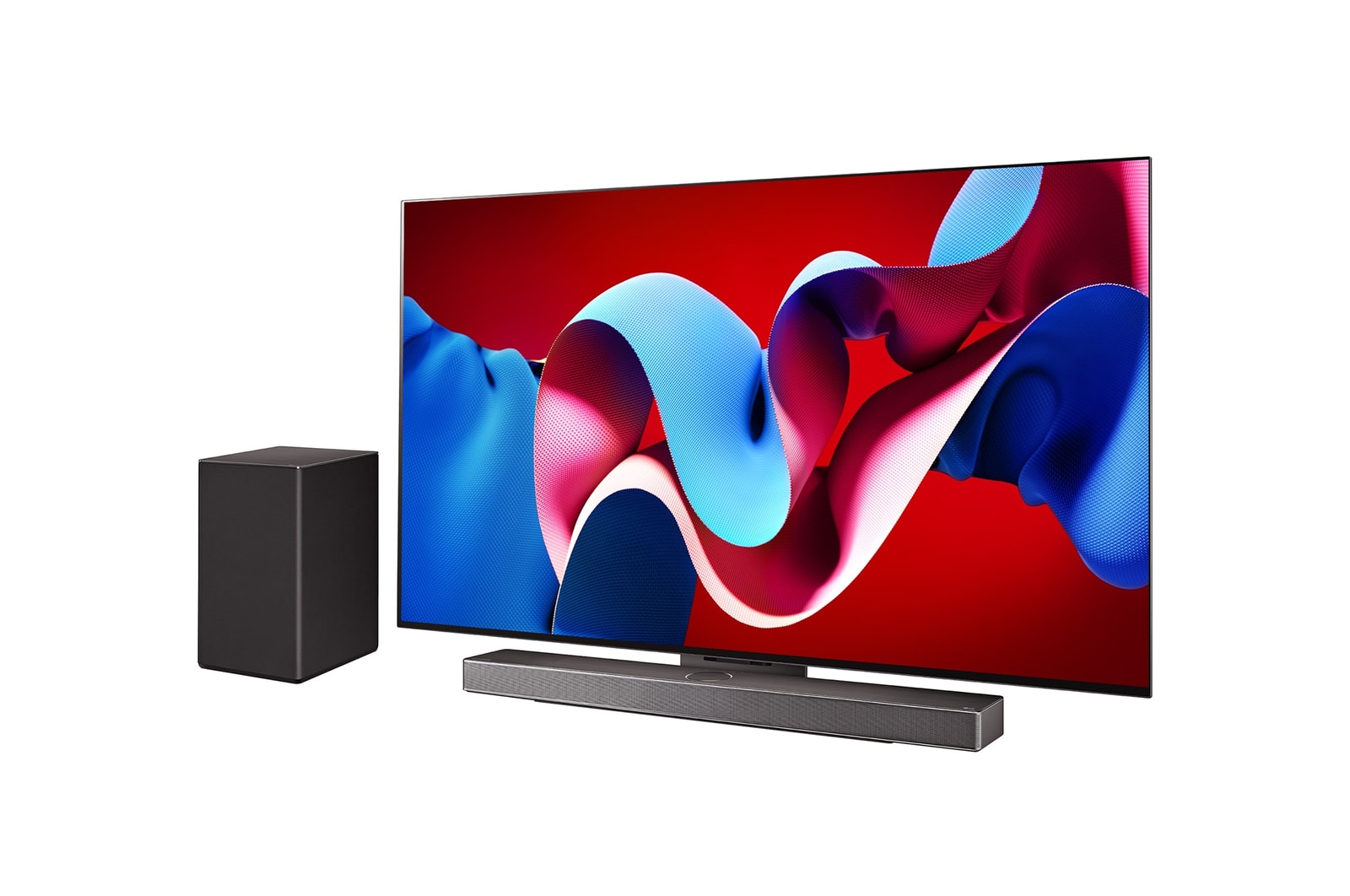 Slightly-angled right-facing side view of LG OLED evo TV, OLED C4 with LG Soundbar below and a subwoofer to the side