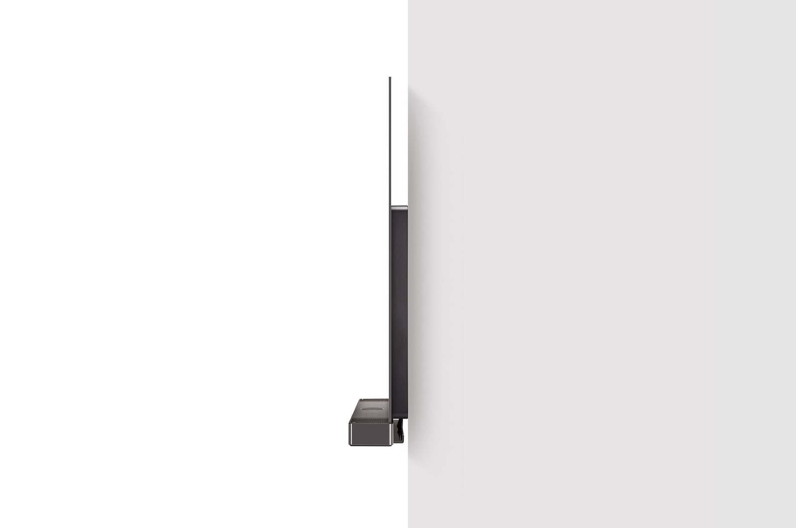 Side view of LG OLED evo TV, OLED C4 attached to the wall with the Synergy Bracket