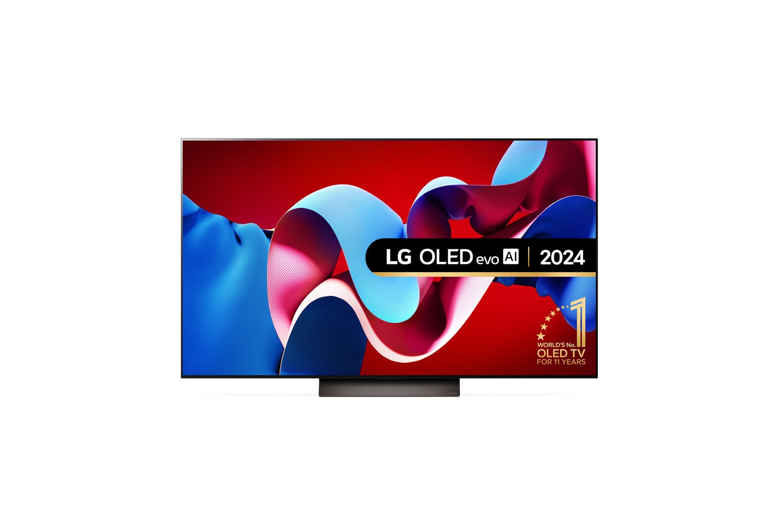 Front view with LG OLED evo TV, OLED C4, 11 Years of world number 1 OLED Emblem logo and webOS Re:New Program logo on screen