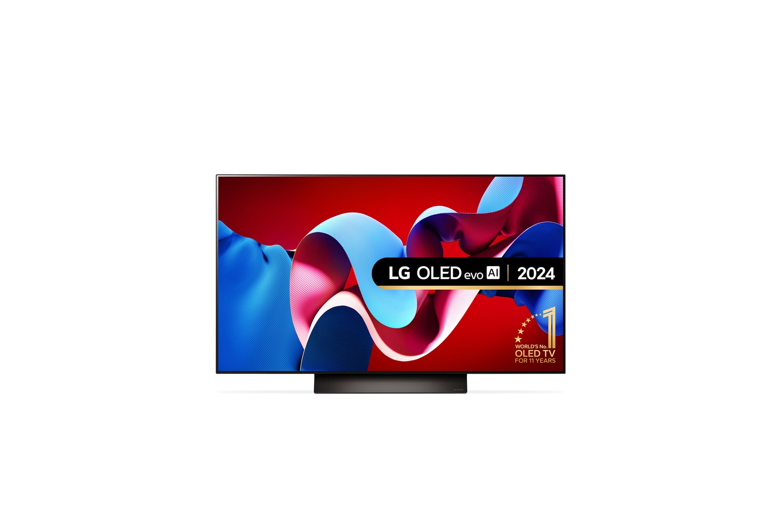 Front view with LG OLED evo TV, OLED C4, 11 Years of world number 1 OLED Emblem.