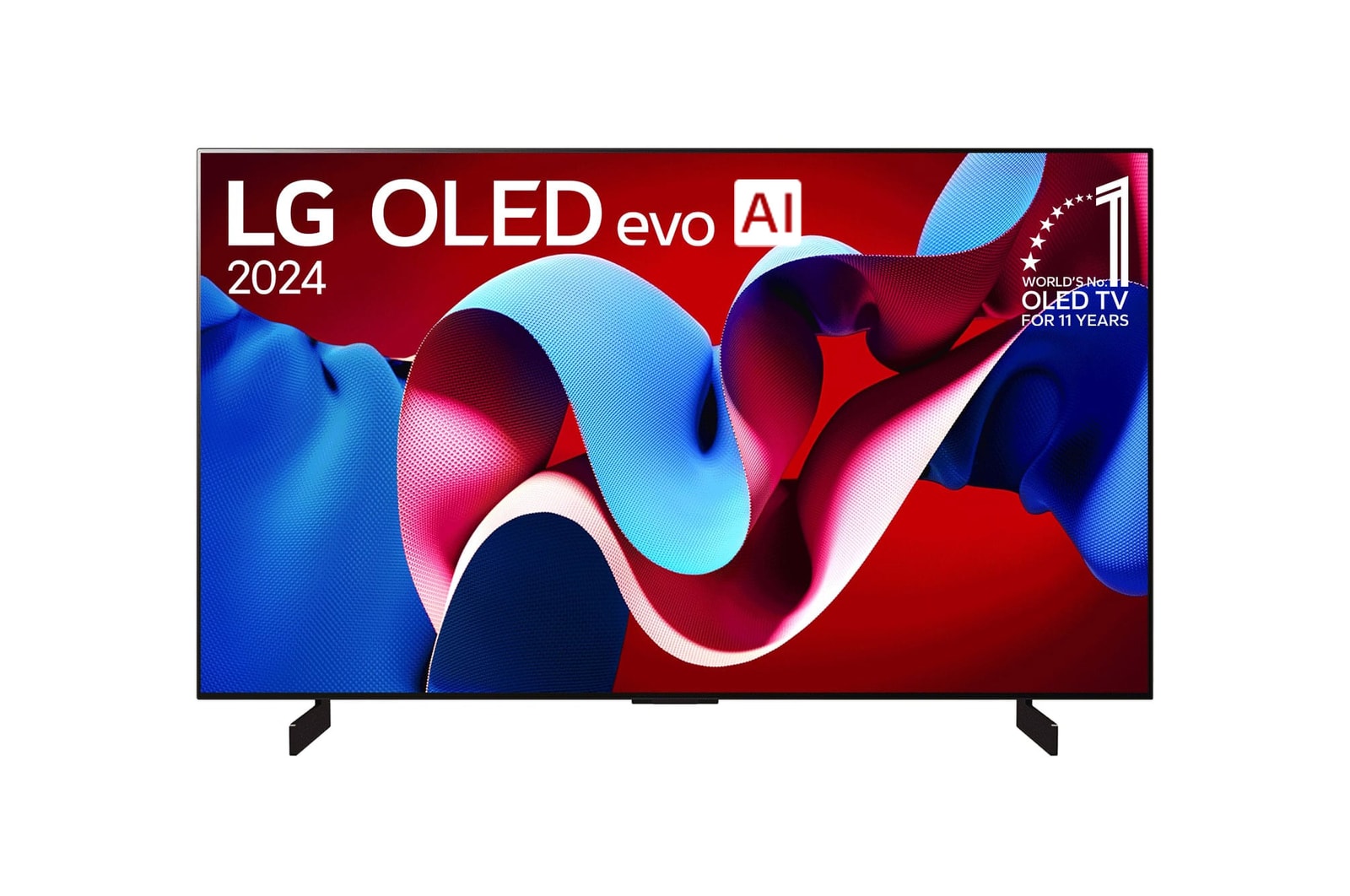 Front view with LG OLED evo TV, OLED C4, 11 Years of world number 1 OLED Emblem and webOS Re:New Program logo on screen