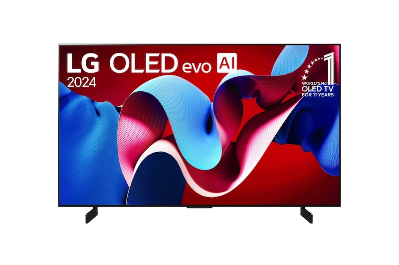 Front view with LG OLED evo TV, OLED C4, 11 Years of world number 1 OLED Emblem and webOS Re:New Program logo on screen