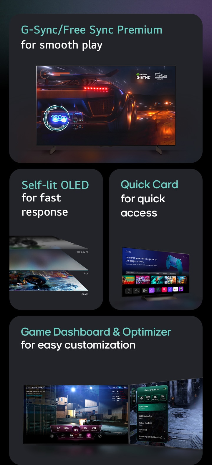 Cuatro funciones en cajas individuales. G-Sync/FreeSync Premium para un juego fluido muestra una escena borrosa de un coche de carreras con un velocímetro en la pantalla y el logotipo de G-Sync y el logotipo de FreeSync Premium en la parte superior derecha. La pantalla OLED autoiluminada para una respuesta rápida muestra una vista lateral de 4 capas de un televisor. La configuración sin pausa del Game Dashboard & Optimizer muestra dos televisores con configuraciones de juego que aparecen sobre el juego. Quick Card para un acceso rápido muestra el menú Quick Card en un televisor LG.  Cuatro funciones en cajas individuales. G-Sync/FreeSync Premium para un juego fluido muestra una escena borrosa de un coche de carreras con un velocímetro en la pantalla y el logotipo de G-Sync y el logotipo de FreeSync Premium en la parte superior derecha. La pantalla OLED autoiluminada para una respuesta rápida muestra una vista lateral de 4 capas de un televisor. Quick Card para un acceso rápido muestra el menú Quick Card en un televisor LG. La configuración sin pausa del Game Dashboard & Optimizer muestra dos televisores con configuraciones de juego que aparecen sobre el juego.