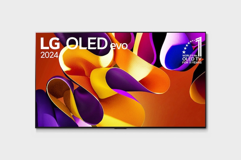 Front view with LG OLED evo TV, OLED G4, 11 Years of world number 1 OLED Emblem, and 5-Year Panel Warranty logo on screen