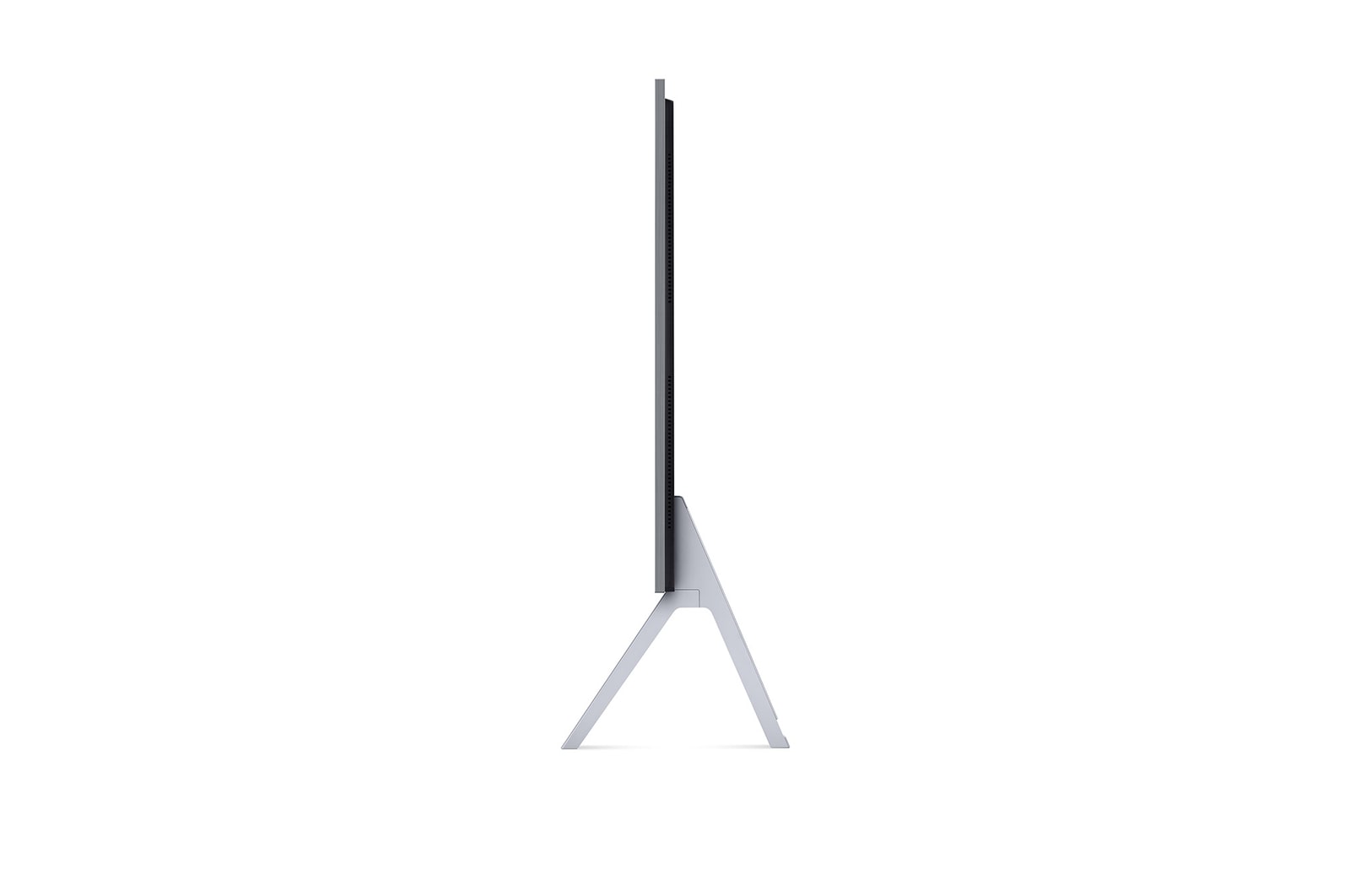 Vista lateral orientada a la derecha ligeramente inclinada del televisor LG OLED evo, OLED M4 en la pared