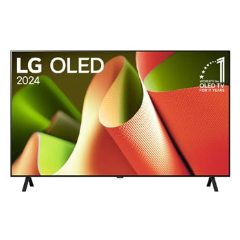 Front view with LG OLED TV, OLED B4, 11 Years of world number 1 OLED Emblem and webOS Re:New Program logo on screen with 2-pole stand