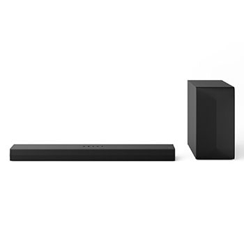 Vista frontal de la LG Soundbar S60TR, un subwoofer y unos altavoces traseros