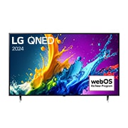 Front view of LG QNED TV, QNED90 with text of LG QNED MiniLED, 2024, and webOS Re:New Program logo on screen