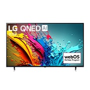 Front view of LG QNED TV, QNED85 with text of LG QNED, 2024, and webOS Re:New Program logo on screen