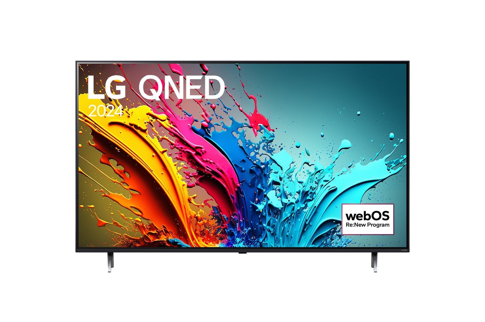 Front view of LG QNED TV, QNED85 with text of LG QNED, 2024, and webOS Re:New Program logo on screen