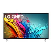 Front view of LG QNED TV, QNED85 with text of LG QNED, 2024, and webOS Re:New Program logo on screen