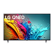 Front view of LG QNED TV, QNED85 with text of LG QNED, 2024, and webOS Re:New Program logo on screen