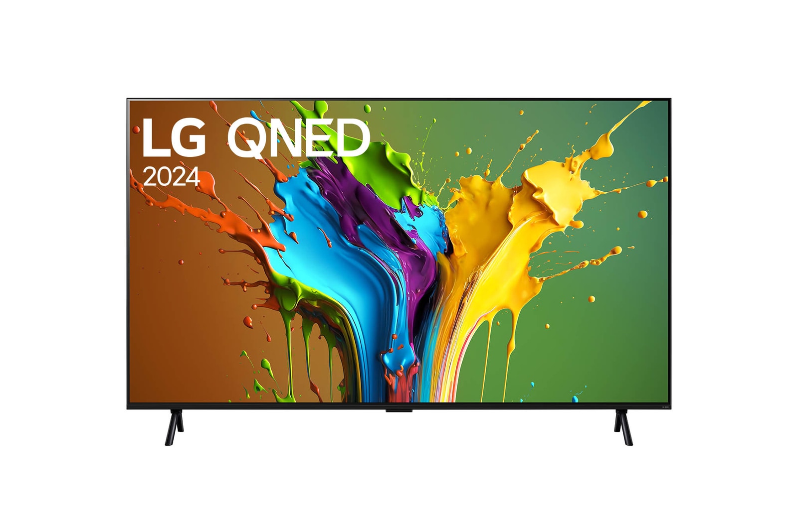 Front view of LG QNED TV, QNED90 with text of LG QNED MiniLED, 2024, and webOS Re:New Program logo on screen