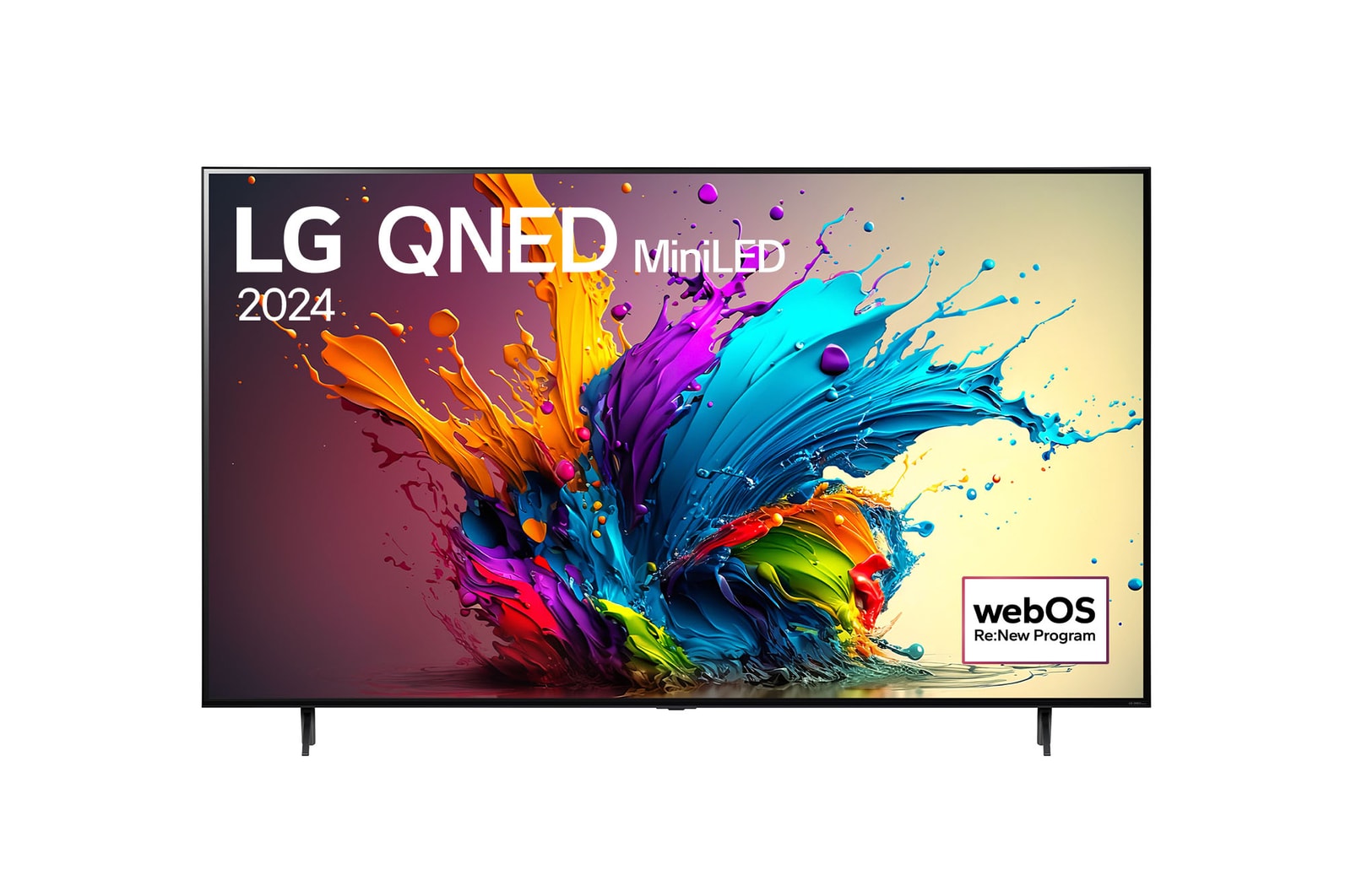 Front view of LG QNED TV, QNED90 with text of LG QNED MiniLED, 2024, and webOS Re:New Program logo on screen